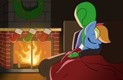 Size: 2300x1503 | Tagged: safe, artist:infrayellow, rainbow dash, oc, oc:anon, g4, christmas, clothes, cuddling, fire, fireplace, holiday, snuggling, stockings, thigh highs