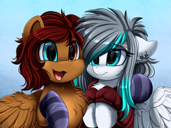 Size: 2379x1783 | Tagged: safe, artist:pridark, oc, oc only, pegasus, pony, bust, chest fluff, clothes, commission, duo, happy, heterochromia, open mouth, portrait, smiling, socks, striped socks