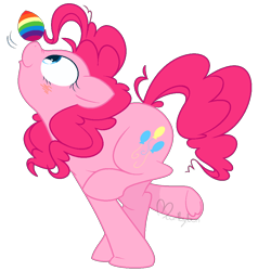 Size: 974x1023 | Tagged: safe, artist:vellichorom, pinkie pie, earth pony, pony, g4, balancing, easter egg, female, mare, ms paint, ponies balancing stuff on their nose, rainbow colors, raised leg, simple background, smiling, solo, transparent background, underhoof
