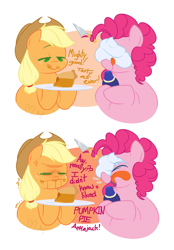 Size: 836x1204 | Tagged: safe, artist:vellichorom, applejack, pinkie pie, earth pony, pony, g4, comic, dialogue, food, herbivore, licking, ms paint, plate, pumpkin pie, reddi wip, tongue out, whipped cream