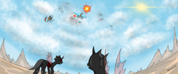 Size: 4096x1714 | Tagged: safe, artist:skydreams, changeling, airship, badlands, celestial dawn, explosion, lightning, mountain, mountain range, red changeling, royal equestrian skyguard