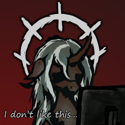 Size: 512x512 | Tagged: safe, artist:gangrene, oc, oc only, oc:alter, original species, pony, computer, darkest dungeon, looking at something, male, reaction image, simple background, solo, stallion, stressed, text