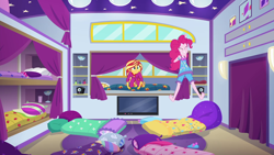 Size: 1920x1080 | Tagged: safe, screencap, pinkie pie, sunset shimmer, equestria girls, equestria girls specials, g4, my little pony equestria girls: better together, my little pony equestria girls: sunset's backstage pass, barefoot, feet, female, sleeveless