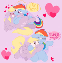 Size: 2048x2078 | Tagged: safe, artist:vellichorom, derpy hooves, rainbow dash, pegasus, pony, g4, aderpose, blushing, chubby, comic, cute, dashabetes, derpabetes, dialogue, don't talk to me or my son ever again, fat, female, heart, high res, hug, lesbian, ship:derpydash, shipping