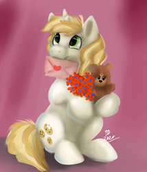 Size: 3000x3500 | Tagged: safe, artist:tehtigress, sweet biscuit, pony, unicorn, g4, adorabiscuit, cute, flower, heart, high res, letter, looking up, mouth hold, sitting, teddy bear