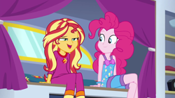 Size: 1600x900 | Tagged: safe, screencap, pinkie pie, sunset shimmer, equestria girls, equestria girls specials, g4, my little pony equestria girls: better together, my little pony equestria girls: sunset's backstage pass, clothes, female, pajamas, sleeveless