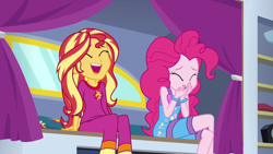 Size: 1600x900 | Tagged: safe, screencap, pinkie pie, sunset shimmer, equestria girls, equestria girls specials, g4, my little pony equestria girls: better together, my little pony equestria girls: sunset's backstage pass, female, sleeveless