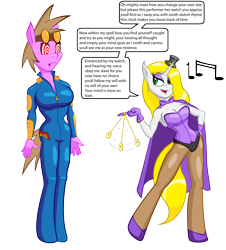 Size: 1606x1773 | Tagged: safe, artist:orcbrother, oc, oc only, earth pony, unicorn, anthro, unguligrade anthro, earth pony oc, female, goggles, grin, hat, horn, latex, latex suit, mind control, music notes, pendulum swing, smiling, speech, swirly eyes, top hat, unicorn oc
