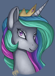 Size: 2400x3300 | Tagged: safe, artist:kenisu-of-dragons, princess celestia, alicorn, pony, g4, beautiful, bust, crown, female, gray background, grin, high res, jewelry, mare, multicolored mane, portrait, purple eyes, regalia, simple background, slit pupils, smiling, solo