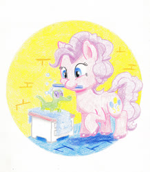 Size: 1280x1471 | Tagged: safe, artist:lost marbles, gummy, pinkie pie, alligator, earth pony, pony, g4, bath, brush, cleaning, colored pencil drawing, cute, female, mare, soap, soap bubble, traditional art
