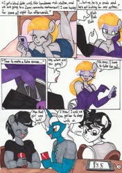 Size: 899x1280 | Tagged: safe, artist:newyorkx3, oc, oc only, oc:casey, oc:soma, oc:tommy, oc:tyler, earth pony, unicorn, anthro, comic:blind date, bed, casmmy, cellphone, chair, clothes, comic, dress, faceless male, female, gloves, handbag, hotel room, long gloves, male, offscreen character, phone, pillow, restaurant, shirt, smartphone, soda, soda can, table, traditional art