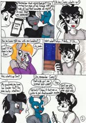 Size: 898x1280 | Tagged: safe, artist:newyorkx3, oc, oc only, oc:casey, oc:soma, oc:tommy, oc:tyler, earth pony, unicorn, anthro, comic:blind date, casmmy, cellphone, clothes, comic, dress, female, gloves, long gloves, male, night, phone, smartphone, text, traditional art, window