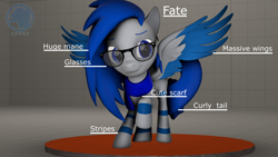 Size: 3840x2160 | Tagged: safe, artist:technickarts, oc, oc only, oc:fate (technickarts), pegasus, pony, 3d, clothes, curly tail, cute, glasses, high res, large wings, pegasus oc, scarf, smiling, source filmmaker, stripes, wings