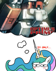 Size: 450x567 | Tagged: safe, artist:zsparkonequus, edit, editor:secrettitan, princess celestia, pony, g4, blushing, female, optilestia, optimus prime, simple background, solo, thought bubble, transformers, trucker ass