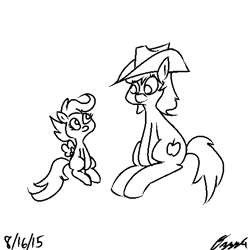 Size: 512x512 | Tagged: safe, artist:ozzyg, braeburn, scootaloo, earth pony, pegasus, pony, g4, female, filly, hat, looking at each other, male, monochrome, sitting, stallion