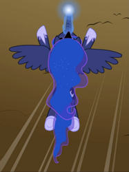 Size: 703x938 | Tagged: safe, screencap, princess luna, pony, between dark and dawn, g4, cropped, female, flying, glowing horn, horn, rear view, solo, spread wings, wings