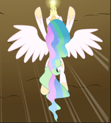 Size: 846x941 | Tagged: safe, screencap, princess celestia, pony, between dark and dawn, g4, cropped, female, flying, glowing horn, horn, rear view, solo, spread wings, wings