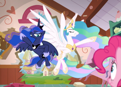 Size: 981x712 | Tagged: safe, screencap, pinkie pie, princess celestia, princess luna, alicorn, earth pony, pony, between dark and dawn, g4, cropped, duo focus, dynamic entry, eyes closed, female, flying, heroic posing, hoof shoes, hooves on hips, jewelry, mare, peytral, regalia, smiling, spread wings, wings