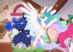 Size: 930x662 | Tagged: safe, screencap, pinkie pie, princess celestia, princess luna, alicorn, earth pony, pony, between dark and dawn, g4, cropped, crown, dramatic, duo focus, dynamic entry, ethereal mane, ethereal tail, eyeshadow, female, flapping, flowing tail, flying, grin, heroic posing, hoof shoes, hooves on hips, jewelry, makeup, mare, multicolored tail, peytral, regalia, royal sisters, siblings, sisters, smiling, spread wings, sugarcube corner