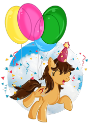 Size: 1080x1528 | Tagged: safe, artist:aletheiiadoodles, oc, oc only, oc:maría teresa de los ponyos paguetti, earth pony, pony, balloon, hat, party hat, simple background, solo, transparent background, ya es hora