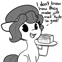 Size: 2250x2250 | Tagged: safe, artist:tjpones, oc, oc only, oc:brownie bun, earth pony, pony, chest fluff, dialogue, female, floppy ears, food, grayscale, high res, jewelry, mare, meat, monochrome, necklace, oblivious, open mouth, pearl necklace, plate, ponies eating meat, simple background, solo, spam, white background