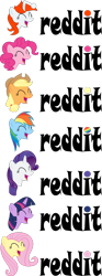 Size: 1493x4017 | Tagged: safe, artist:v0jelly, applejack, fluttershy, pinkie pie, rainbow dash, rarity, twilight sparkle, oc, oc:karma, earth pony, pegasus, pony, unicorn, g4, .svg available, banner, bust, eyes closed, female, logo, mane six, mare, open mouth, ponified, reddit, simple background, transparent background, vector