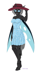 Size: 2200x4000 | Tagged: safe, artist:terton, oc, oc only, oc:imago, changeling, anthro, unguligrade anthro, anthro oc, changeling oc, clothes, commission, cute, cute little fangs, cuteling, digital art, dress, exoskeleton, fangs, female, gift art, hat, ocbetes, simple background, smiling, solo, sun hat, sundress, transparent background