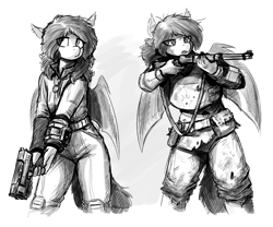 Size: 1708x1420 | Tagged: safe, artist:the-minuscule-task, oc, oc only, bat pony, anthro, 10mm pistol, clothes, fallout, gun, jumpsuit, lever action rifle, pipboy, solo, vault suit, weapon