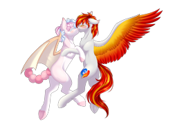 Size: 3257x2553 | Tagged: safe, artist:ohhoneybee, oc, oc only, oc:heartfire, pegasus, pony, colored wings, female, high res, kissing, male, mare, multicolored wings, simple background, stallion, transparent background, wings