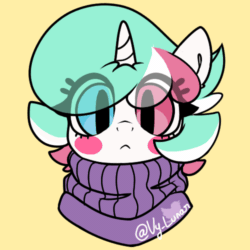 Size: 500x500 | Tagged: safe, artist:helithusvy, oc, oc only, oc:cotton sweets, pony, unicorn, :<, animated, blinking, bust, clothes, commission, eye clipping through hair, female, frown, gif, horn, looking at you, mare, simple background, sweater, unicorn oc, yellow background