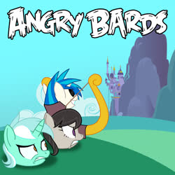 Size: 1280x1280 | Tagged: safe, artist:gashiboka, dj pon-3, lyra heartstrings, octavia melody, vinyl scratch, ask pun, g4, angry birds, ask, canterlot, disembodied head, parody, pun, slingshot