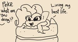 Size: 2048x1104 | Tagged: safe, artist:tjpones, pinkie pie, earth pony, pony, g4, cake, dialogue, exclamation point, female, food, interrobang, mare, monochrome, offscreen character, question mark, simple background