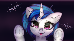 Size: 2228x1251 | Tagged: safe, artist:radioaxi, edit, dj pon-3, vinyl scratch, pony, unicorn, g4, :3, against glass, female, fourth wall, frog (hoof), glass, licking window, looking at you, mlem, silly, solo, tongue out, underhoof, wallpaper