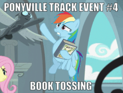 Size: 413x312 | Tagged: safe, edit, edited screencap, screencap, fluttershy, rainbow dash, daring doubt, g4, animated, book, caption, cropped, duo, female, image macro, meme, olympics, rainbow dash's house, solo focus, text, throwing