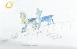 Size: 3488x2240 | Tagged: safe, artist:horsesplease, gallus, g4, the last problem, crowing, gallus the rooster, high res, male, royal guard gallus, sample text, self griffondox, self paracox, solo, traditional art