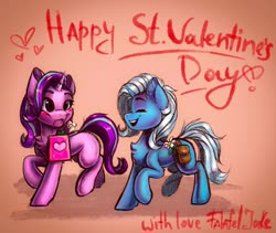 Size: 1024x863 | Tagged: safe, artist:falafeljake, starlight glimmer, trixie, pony, unicorn, g4, chest fluff, female, holiday, lesbian, mare, mouth hold, ship:startrix, shipping, smiling, valentine's day