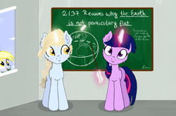 Size: 1623x1074 | Tagged: safe, derpy hooves, twilight sparkle, oc, oc:aria taitava, pegasus, pony, unicorn, g4, braid, chalkboard, eye contact, flat earth, fluffy, looking at each other, magic, standing