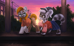 Size: 3438x2160 | Tagged: safe, artist:amishy, oc, oc:bandy cyoot, oc:jerry alton, earth pony, hybrid, pony, raccoon, raccoon pony, admiration, admiring, asphalt, belt, big ears, black stripe, blue, building, bush, canines, chimney, clothes, date, ears, ears up, electric pole, eye, eyebrows, eyelashes, eyes, facial hair, female, glasses, goatee, grass, gray coat, green eyes, hair, happy, hedge, high res, hooves, jacket, lamppost, light, lighting, lines, long hair male, loose hair, love, male, mare, mask, multicolored hair, nose, nostrils, open smile, orange, pants, patch, plaid shirt, pocket, purple sky, rain, raised eyebrows, reflection, saddle oxfords, shading, shine, shipping, shirt, shoelace, shoes, short tail, sidewalk, skirt, smiling, snout, soft, stallion, stars, steeple, striped tail, stripes, sun, sunset, tan, telephone pole, together, treble clef, two toned mane, varsity jacket, water, white pony, white stripes, window, yellow, yellow eyes, yellow shirt, zipper