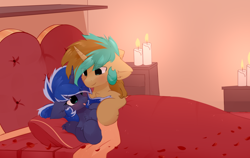 Size: 1880x1188 | Tagged: safe, artist:php146, edit, princess luna, oc, oc:demi, oc:demiurgic theory, alicorn, pony, unicorn, g4, alternate hairstyle, bed, blushing, candle, chest fluff, cute, daaaaaaaaaaaw, ear fluff, eye clipping through hair, female, hearts and hooves day, holiday, lying on bed, male, mare, pillow, romantic, stallion, valentine's day, wing fluff