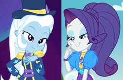 Size: 766x500 | Tagged: safe, edit, edited screencap, screencap, rarity, trixie, equestria girls, equestria girls series, g4, lost and pound, spring breakdown, spoiler:eqg series (season 2), female, geode of shielding, lesbian, lost and pound: spike, magical geodes, rarixie, shipping, shipping domino
