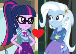 Size: 538x386 | Tagged: safe, edit, edited screencap, screencap, sci-twi, trixie, twilight sparkle, equestria girls, g4, my little pony equestria girls: better together, overpowered (equestria girls), sock it to me, female, lesbian, ship:sci-twixie, ship:twixie, shipping, shipping domino