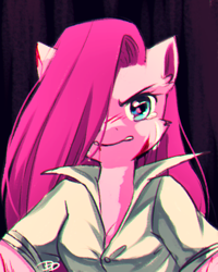 Size: 400x500 | Tagged: dead source, safe, artist:jacky-bunny, pinkie pie, earth pony, anthro, g4, anime, anime style, blood, breasts, cleavage, crying, hair over one eye, injured, pinkamena diane pie