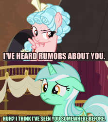 Size: 1280x1440 | Tagged: safe, edit, edited screencap, screencap, cozy glow, lyra heartstrings, pegasus, pony, unicorn, frenemies (episode), g4, slice of life (episode), bow, caption, colored text, dialogue, female, filly, image macro, mare, meme, pink text, smiling, text, worried