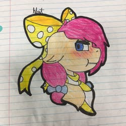 Size: 3024x3024 | Tagged: safe, artist:alilunaa, oc, oc only, oc:daybreak strider, pegasus, pony, blushing, bow, clothes, female, high res, lined paper, pigtails, scarf, solo, traditional art, tsundere
