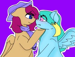 Size: 1200x912 | Tagged: safe, artist:alilunaa, oc, oc only, oc:alilunaa, oc:daybreak strider, pegasus, pony, blushing, clothes, cowboy hat, digital, female, hat, lesbian, looking at each other, mare, oc x oc, outline, purple background, scarf, shipping, simple background, stridilunaa