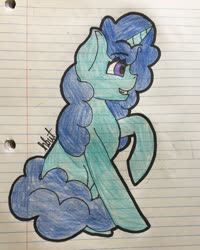 Size: 471x588 | Tagged: safe, artist:alilunaa, oc, oc only, pony, unicorn, curls, female, full body, lined paper, mare, smiling, solo, traditional art