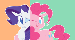 Size: 2422x1320 | Tagged: safe, artist:hattsy, pinkie pie, rarity, earth pony, pony, unicorn, g4, duo, eyeshadow, female, makeup, mare, one eye closed, open mouth, outline, smiling
