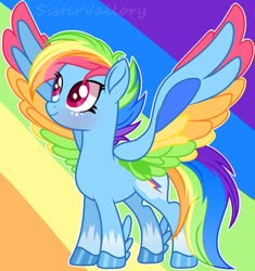 Size: 1024x1089 | Tagged: safe, artist:sistervailory, rainbow dash, pegasus, pony, g4, colored wings, female, g5 concept leak style, g5 concept leaks, hooves, mare, multicolored wings, rainbow dash (g5 concept leak), rainbow wings, redesign, simple background, smiling, solo, spread wings, wings