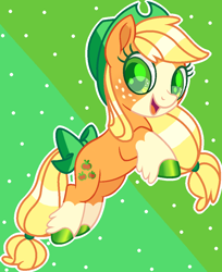 Size: 876x1076 | Tagged: safe, artist:sistervailory, applejack, earth pony, pony, g4, applejack (g5 concept leak), bow, female, g5 concept leak style, g5 concept leaks, hat, hooves, mare, redesign, simple background, smiling, solo