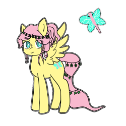 Size: 1000x1000 | Tagged: safe, artist:godlikegnocchi, fluttershy, changeling, pegasus, pony, g4, disguise, disguised changeling, female, fluttershy (g5 concept leak), g5 concept leak style, g5 concept leaks, mare, redesign, simple background, smiling, solo, spread wings, transparent background, wings